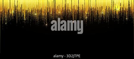 Scintillio dorato che fa brillare le particelle con stelle su sfondo nero. Pioggia ricca di glitter dorati con coriandoli luccicanti per Natale, Capodanno e compleanno Illustrazione Vettoriale