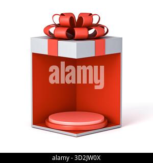 Piedistalli rotondi vuoti rossi a podio nello stand espositivo scatola regalo ad angolo espositore mockup espositore con arco a nastro rosso isolato sul dorso bianco Foto Stock