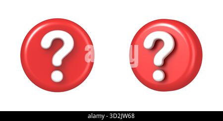 Icona del punto interrogativo 3d sul pulsante rotondo rosso o sul badge isolato su rendering 3D su sfondo bianco Foto Stock