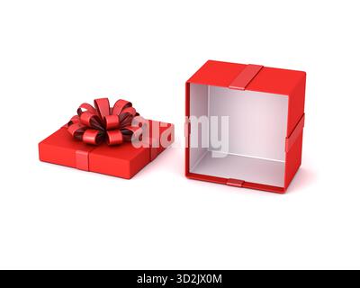 Scatola regalo vuota rossa, stand espositivo mockup aperto o aperto, scatola regalo con fiocco a nastro rosso isolata su sfondo bianco con creat minimale ombra Foto Stock