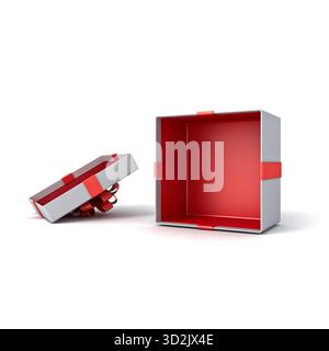 Scatola regalo bianca vuota stand espositivo mockup scatola regalo aperta o aperta con fiocco a nastro rosso isolato su sfondo bianco con ombre minimali Foto Stock