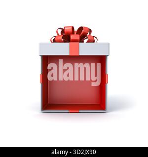 Scatola regalo bianca vuota stand espositivo mockup aperto o aperto scatola regalo legata con arco a nastro rosso isolata su sfondo bianco con ombre minime Foto Stock