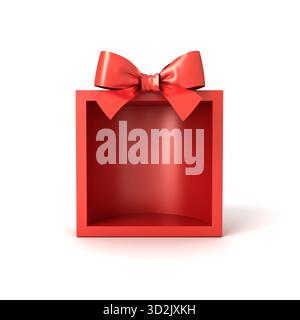Scatola regalo vuota con mezzo cilindro rosso, stand espositivo mockup o vetrina aperta con fiocco rosso isolato su sfondo bianco Foto Stock
