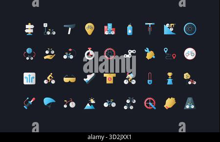 Set di icone in stile Gradient Flat con ciclismo, parti per biciclette, manutenzione, corse, navigazione, e accessori su sfondo scuro dell'interfaccia utente per temi sportivi e di viaggio moderni. Illustrazione Vettoriale