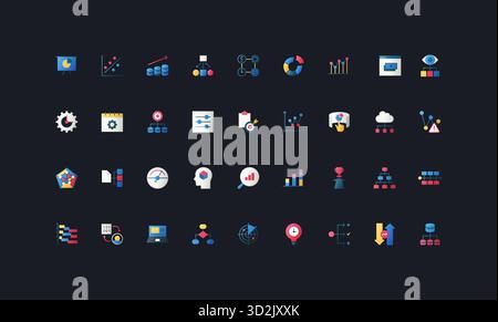 Set di icone in stile gradiente flat con business intelligence, analisi, visualizzazione dei dati, grafici, diagrammi, dashboard ed elementi del flusso di lavoro su illustrazione vettoriale di sfondo scuro dell'interfaccia utente. Illustrazione Vettoriale