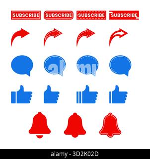 Set vettoriale di icone social, tra cui pulsanti di sottoscrizione, frecce di condivisione, fumetti di commento e campane perfetti per l'interazione con il feedback di comunicazione Illustrazione Vettoriale