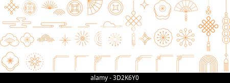 Elementi decorativi dorati lineari minimalisti per il Capodanno cinese Illustrazione Vettoriale