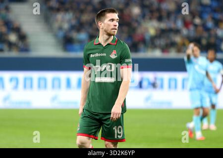 San Pietroburgo, Russia. 1 novembre 2025. Aleksandr Rudenko (19) di Lokomotiv visto durante la partita di calcio della Premier League russa tra Zenit San Pietroburgo e Lokomotiv Mosca alla Gazprom Arena. Punteggio finale; Zenit 2:0 Lokomotiv. Credito: SOPA Images Limited/Alamy Live News Foto Stock