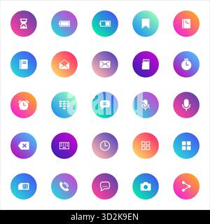 UI, app, comunicazione. Set vettoriale di 25 icone di gradiente rotonde con tempo, batteria, chat, contenuti multimediali, microfono, telefono e strumenti di navigazione per mobil Illustrazione Vettoriale