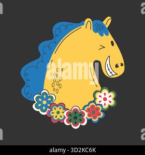 Emblema del cavallo sorridente disegnato a mano. Simbolo del nuovo anno 2026. Pony cartoni animati in collana di fiori. Illustrazione vettoriale Illustrazione Vettoriale