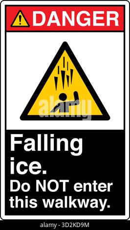Il "cartello di sicurezza: Caduta di ghiaccio - non entrare in questa passerella" avverte le persone del pericolo rappresentato dalla caduta di ghiaccio nell'area. Illustrazione Vettoriale
