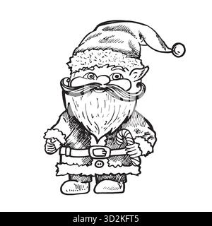 GNOME di Natale disegnato a mano in costume di Babbo Natale con caramelle . Illustrazione vettoriale nello stile di schizzo Illustrazione Vettoriale