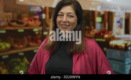 La donna ispanica sorride davanti a casse di legno di mele e pere fresche al mercato all'aperto, al riparo dalla luce del sole; appagamento. Foto Stock