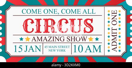 Modello vettoriale di un biglietto Circus per una persona in stile vintage. Illustrazione Vettoriale