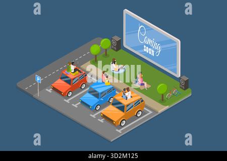 Illustrazione piatta isometrica 3D del cinema all'aperto, film all'aperto su grande schermo Foto Stock