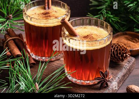 Cocktail caldo al rum con cannella per Natale e le vacanze invernali. Bevanda calda calda e alcolica fatta in casa con rami di pino. Foto Stock