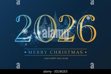 Sfondo blu scuro per Natale e Capodanno con alberi di pino blu, neve, fiocchi di neve e numeri d'oro - illustrazione in Editable Vector Fo Illustrazione Vettoriale