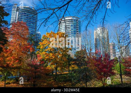 Andy Livingstone Park in autunno con condomini alle spalle, Vancouver, British Columbia. Foto Stock