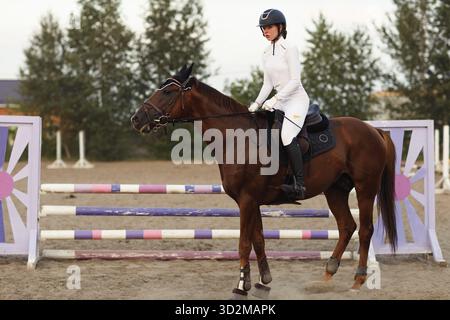 Cavallo e cavaliere in uniforme durante la gara di salto equestre Foto Stock