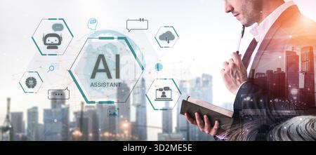 Un concetto di assistente virtuale globale ai. Questo agente intelligente fornisce supporto agli utenti tramite chatbot, esegue ricerche, gestisce i dati cloud e. Foto Stock