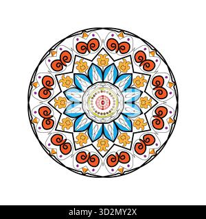 Mandala dai motivi vivaci con petali blu, rotoli arancioni e forme grafiche audaci Illustrazione Vettoriale