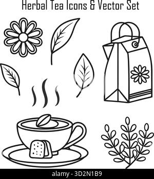 Icone del tè alle erbe e concetti di benessere – infusioni naturali, relax, ingredienti biologici, stile di vita sano Illustrazione Vettoriale