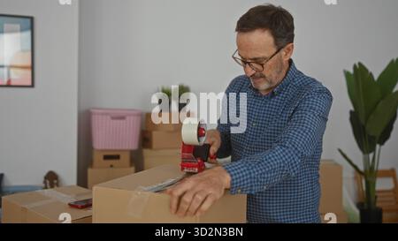 Uomo che imballa scatole di cartone in un nuovo interno del salotto con occhiali e camicia a scacchi con piante sullo sfondo che mostrano il processo di movimento. Foto Stock