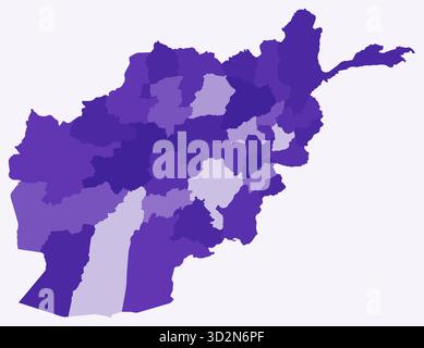 Mappa dell'Afghanistan con regioni. Solo una semplice mappa dei confini nazionali con divisioni regionali. Tavolozza di colori viola intenso. Illustrazione Vettoriale