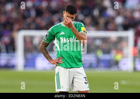 Bruno Guimaraes del Newcastle United dopo la sconfitta del 3-1 - West Ham United contro Newcastle United, Premier League, London Stadium, Londra, Regno Unito - 2 novembre 2025 solo uso editoriale - si applicano restrizioni DataCo Foto Stock