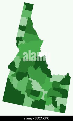 Mappa dell'Idaho con le contee. Una semplice mappa dei confini di stato con le divisioni delle contee. Tavolozza dei colori verde. Illustrazione Vettoriale