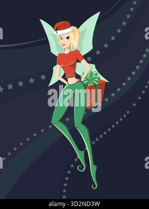 Bellissima fata bionda con ali e regalo di Natale. Elfo di Capodanno in leggings verdi e cappello di Babbo Natale rosso. Brillante illustrazione fiabesca per Foto Stock
