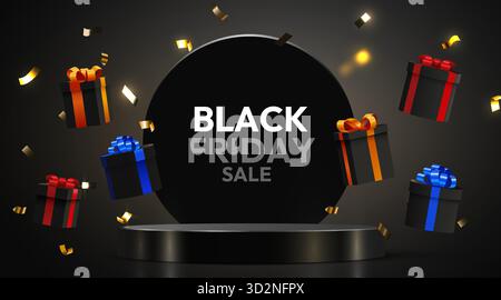 Striscione Black Friday sale con eleganti confezioni regalo e coriandoli festivi. Ideale per il marketing, gli sconti e le vendite di vacanze. Illustrazione vettoriale Illustrazione Vettoriale