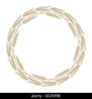 Ghirlanda di grano. Illustrazione realizzata a mano in stile inchiostro vettoriale. Per il design dell'imballaggio, le schede, la copertina, le stampe, le etichette dei prodotti e il tessuto. Illustrazione Vettoriale