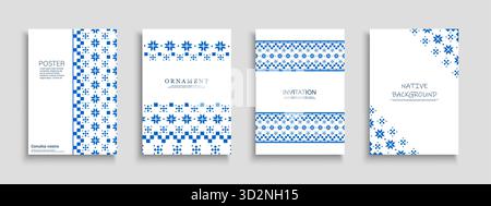 Set di copertine ornamentali tradizionali, modelli, cartelloni, opuscoli, striscioni, sfondi. Manifesti nativi con stampe ornate in blu e motivi culturali Illustrazione Vettoriale