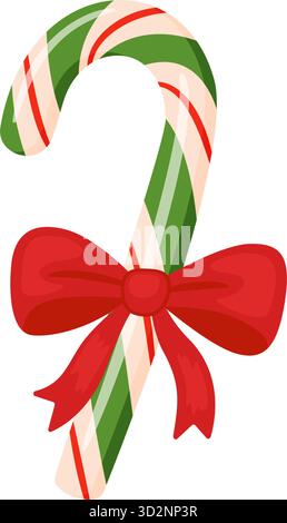 Bastoncini di caramelle natalizie a righe verdi e bianche con fiocco rosso. Carine natalizie. Design piatto alla moda e disegnato a mano, isolato. Perfetto per biglietti di auguri, imballaggi e decorazioni. Illustrazione vettoriale Illustrazione Vettoriale