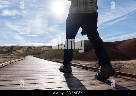 Un visitatore solitario cammina lungo le passerelle lungo il Painted Cove Trail presso il John Day Fossil Beds National Monument, Oregon, il 28 ottobre 2025. Parchi nazionali Foto Stock