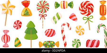 Set di caramelle natalizie. Canne di caramelle Vector, lecca lecca, caramelle avvolte, lecca lecca a forma di albero e stella e vortice di menta piperita. Ideale per biglietti di Natale, confezioni natalizie, decorazioni, adesivi Illustrazione Vettoriale