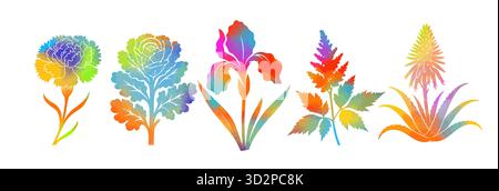 Un set di fiori colorati. Disegnato a mano. Non IA, Illustrazione Vettoriale
