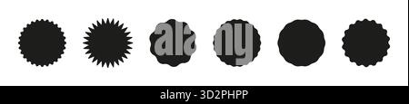 Collezione di adesivi a saldi vuoti, silhouette semplice. Set di adesivi circolari neri. Etichette a forma di scoppio a stella per il negozio, prezzo. Badge neri promozionali con bordi ondulati Illustrazione Vettoriale