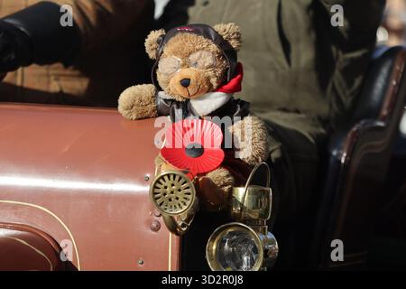 Un orsacchiotto che indossa un papavero rosso siede orgogliosamente davanti a un'auto d'epoca durante la London to Brighton Veteran Car Run 2025, Symboli Foto Stock