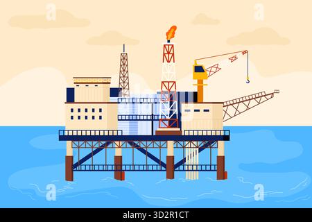 Moderna piattaforma offshore per piattaforme petrolifere con gru, torri di perforazione e fondo oceanico, progettata per l'industria energetica, l'estrazione del petrolio e l'illustrazione vettoriale di progetti ingegneristici Illustrazione Vettoriale