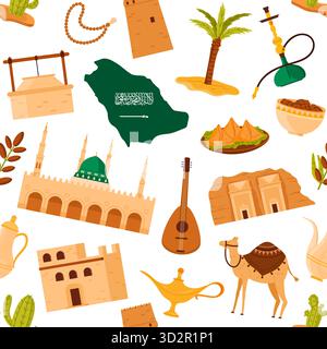 Icone tradizionali dell'Arabia Saudita, tra cui punti di riferimento, cibo, architettura ed elementi culturali, disposte in uno schema ripetitivo senza interruzioni su sfondo bianco, illustrazione vettoriale Illustrazione Vettoriale