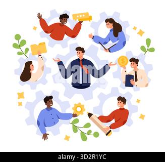 Team aziendale che collabora alla gestione dei progetti, all'allocazione delle risorse e all'efficace delega delle attività, circondato da ingranaggi ed elementi dell'ufficio, isolato su un'illustrazione vettoriale su sfondo bianco Illustrazione Vettoriale