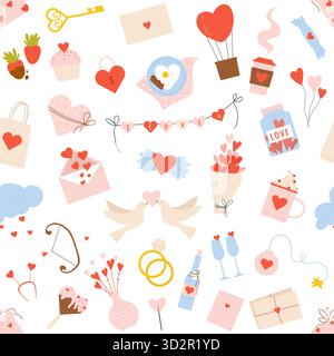 Motivo romantico senza cuciture con cuori, colombe, regali, fiori ed elementi a tema d'amore per la celebrazione di San Valentino, perfetto per sfondi festivi e illustrazioni vettoriali Illustrazione Vettoriale