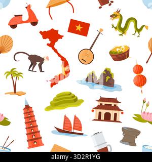 Icone tradizionali vietnamite, tra cui mappa, bandiera, drago, cibo e luoghi di interesse disposti in un motivo senza cuciture, ideali per temi culturali e di viaggio, isolate su sfondo bianco Illustrazione Vettoriale