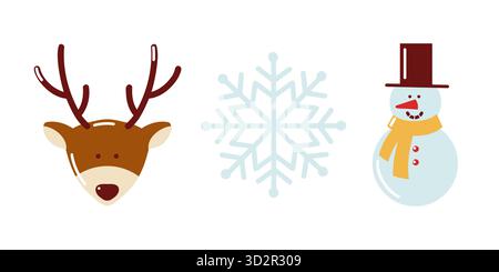 Set vettoriale piatto disegnato a mano con simpatici personaggi invernali come renne, fiocco di neve e pupazzo di neve sorridente. Illustrazione isolata vettoriale. Illustrazione Vettoriale