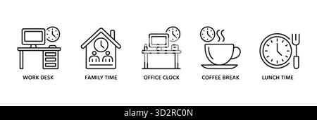 Set di icone di gestione del tempo che rappresentano la famiglia di lavoro e il tempo libero Illustrazione Vettoriale
