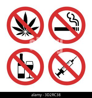 No droghe alcol fumo e dipendenze simboli di divieto nei cerchi rossi Illustrazione Vettoriale
