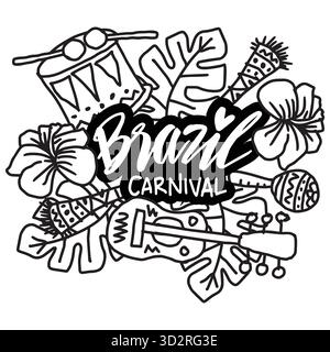 Doodle del Carnevale del Brasile scritta disegnata a mano. Illustrazione vettoriale. Illustrazione Vettoriale
