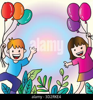 Bambini felici con palloncini nel parco. Illustrazione vettoriale per il progetto Illustrazione Vettoriale